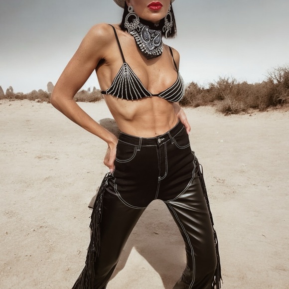 Western cowgirl chaps jeans, fringe denim, festival fringe pants - Picture 10 of 10